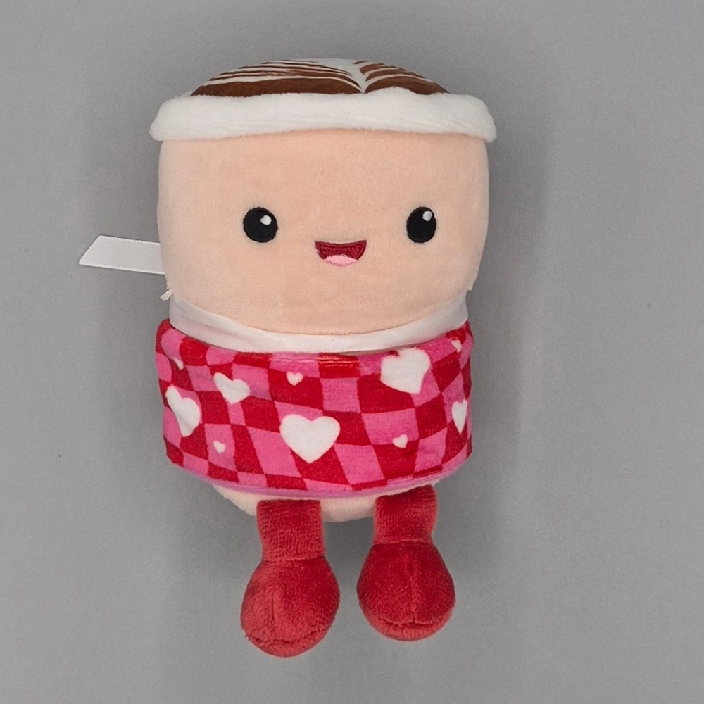 Frankford Valentine Latte Coffee Cup Plush Pink Checkered Hearts Kawaii 7 inch